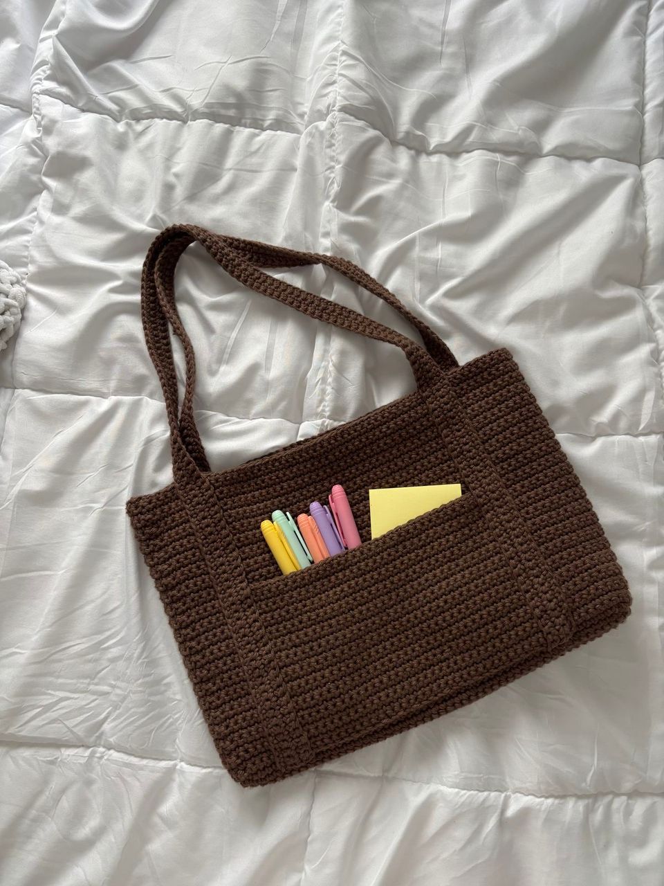 Chocolate brown crochet tote bag with front pocket