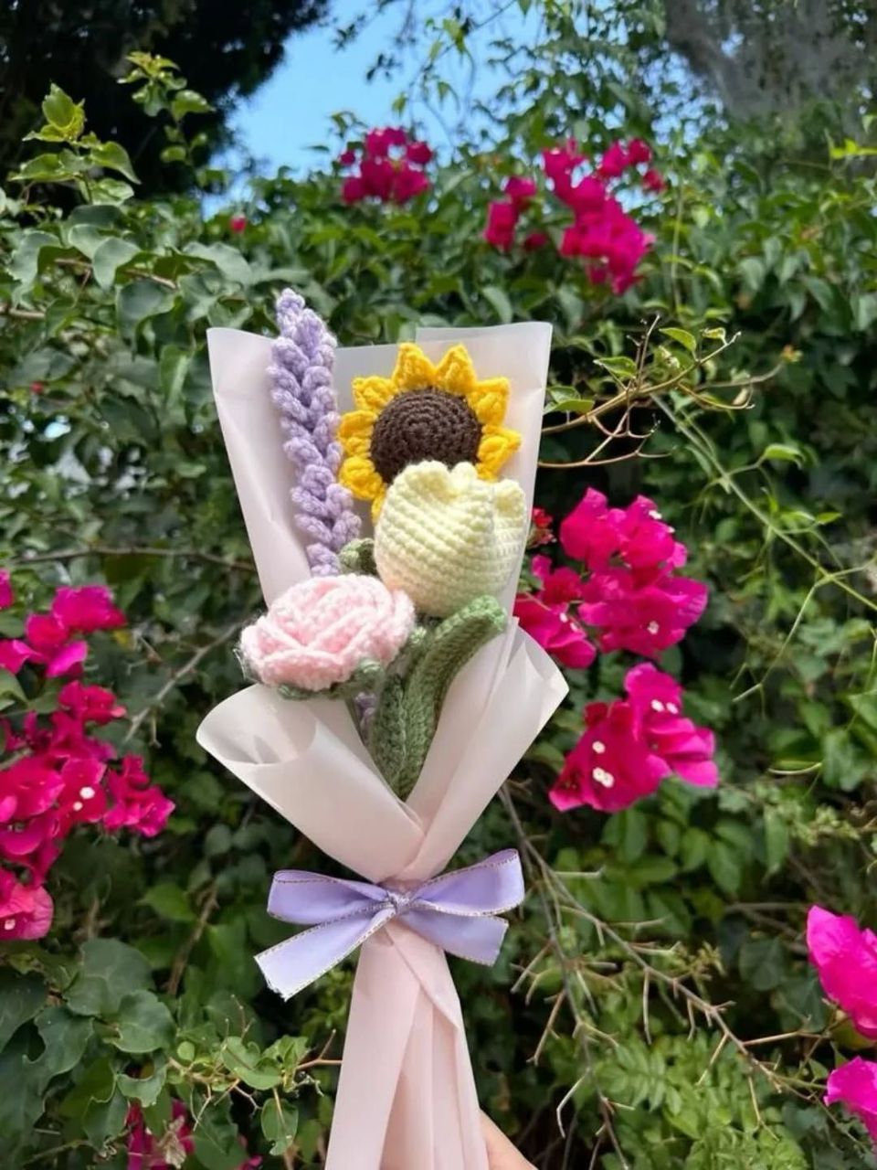 Cute mini crochet bouquet with sunflower, tulip, rose and lavender