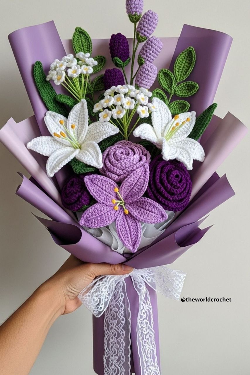 Elegant purple crochet flower bouquet with lilies and roses