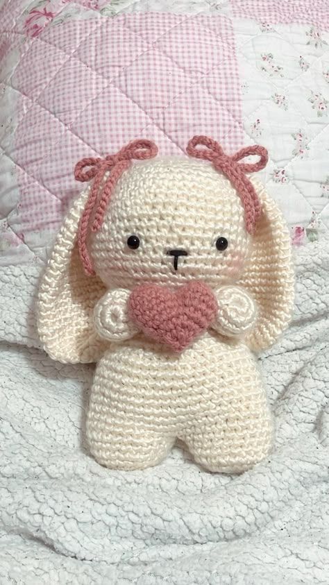 Sweet Heart Bunny – handmade crochet plushie holding a pink heart