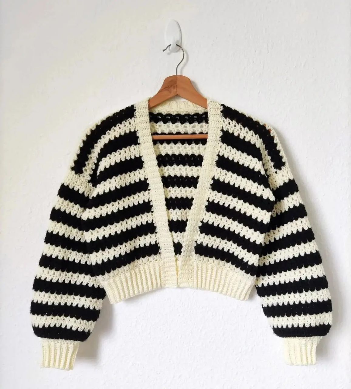 Black and cream striped open front crochet cardigan