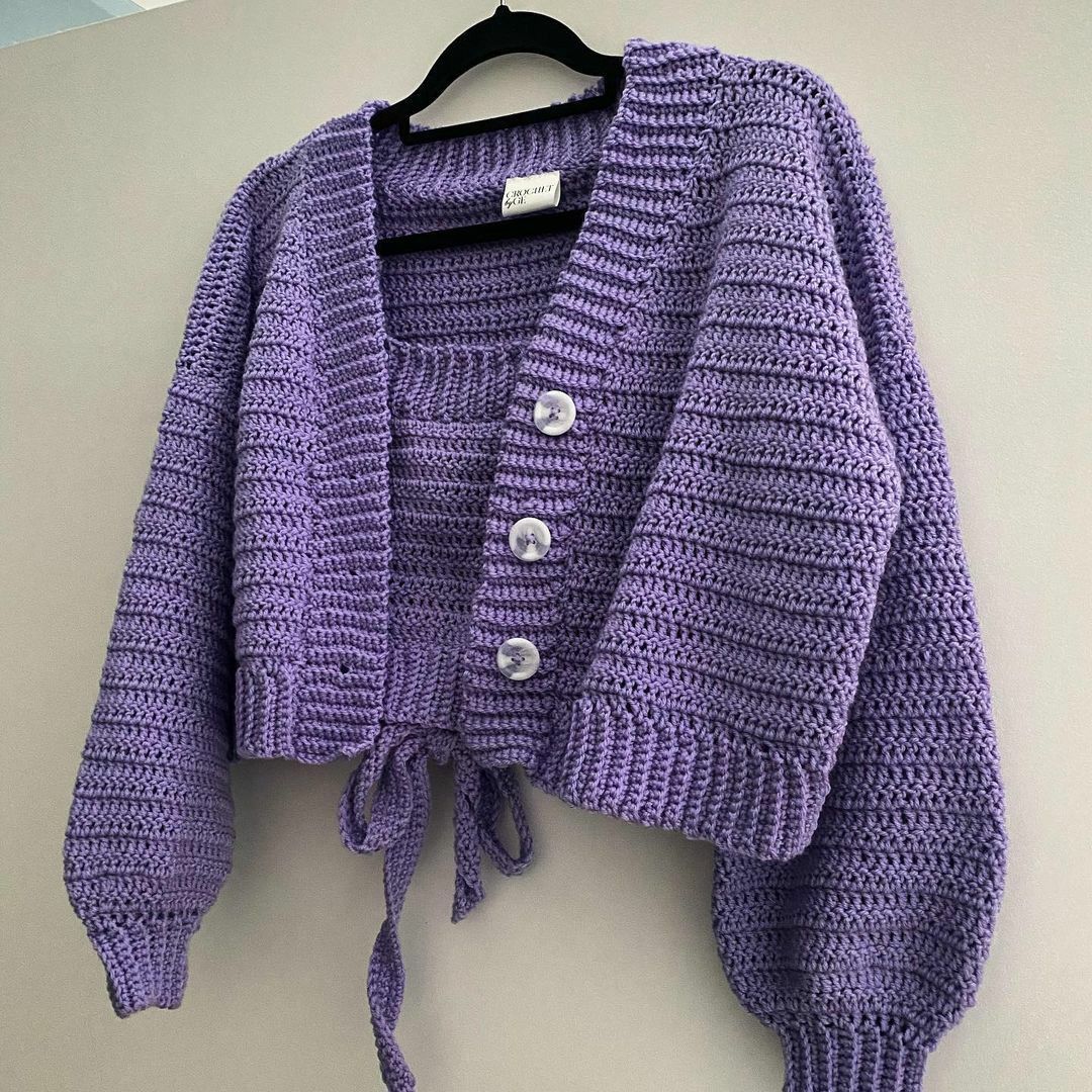 Purple ribbed crochet cardigan with buttons and tie hem