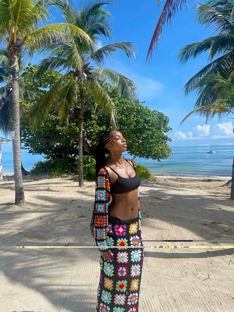 Colourful granny square crochet co-ord set with long cardigan and skirt