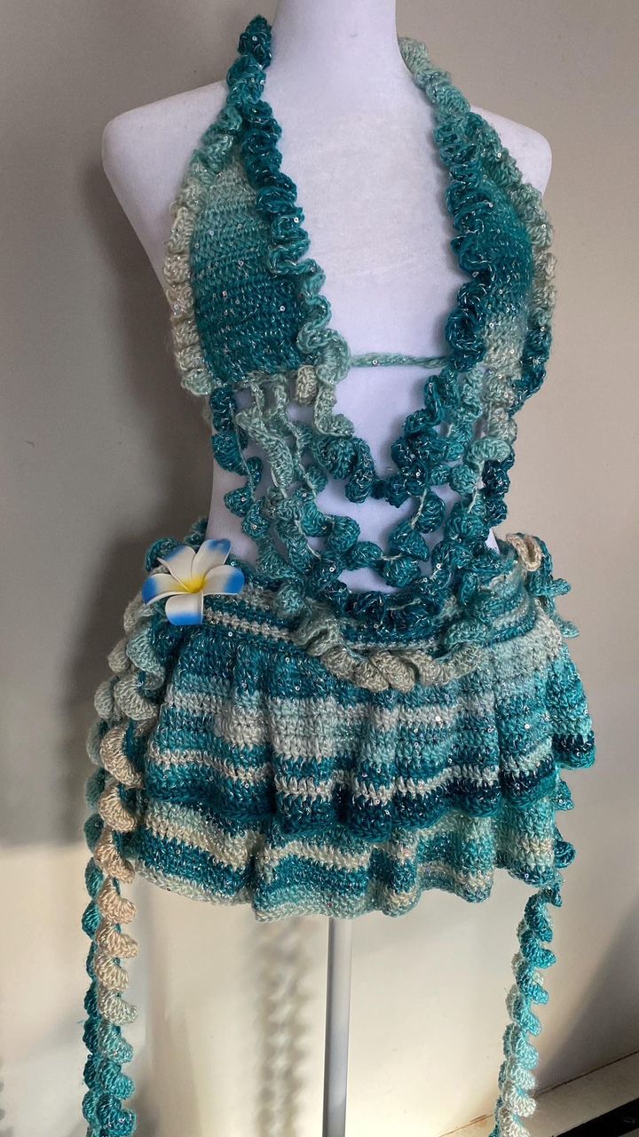 Teal and seafoam ruffled crochet halter mini dress with sequins