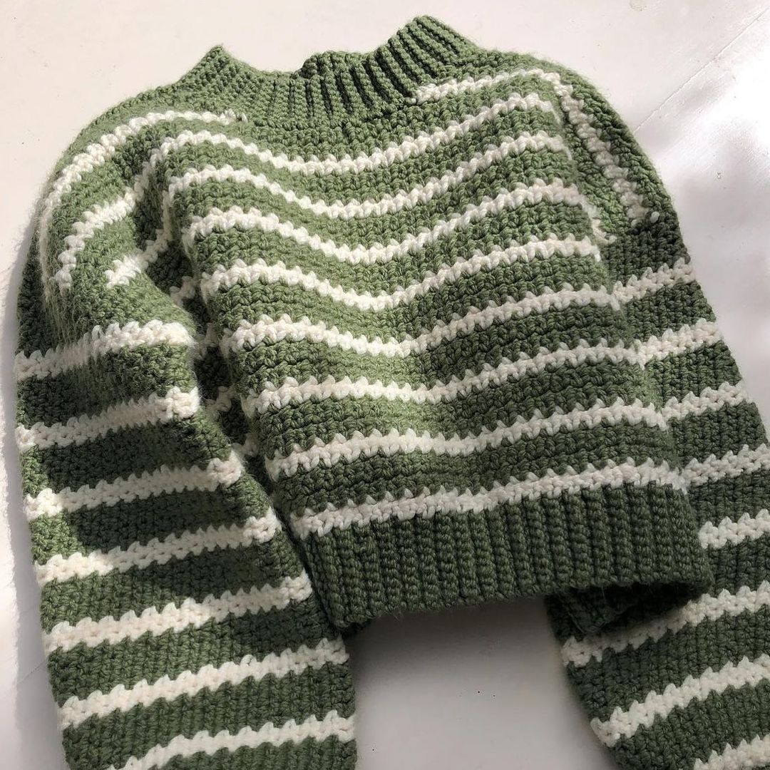Green and white striped crochet sweater