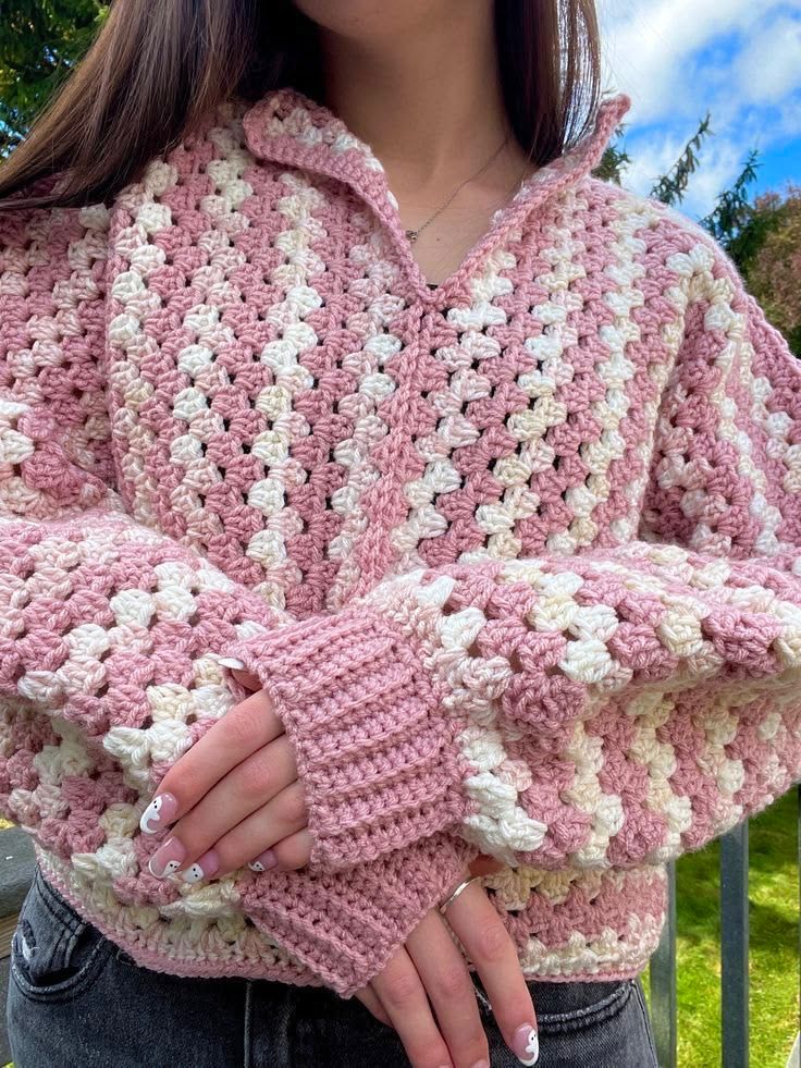 Pink granny square crochet pullover sweater